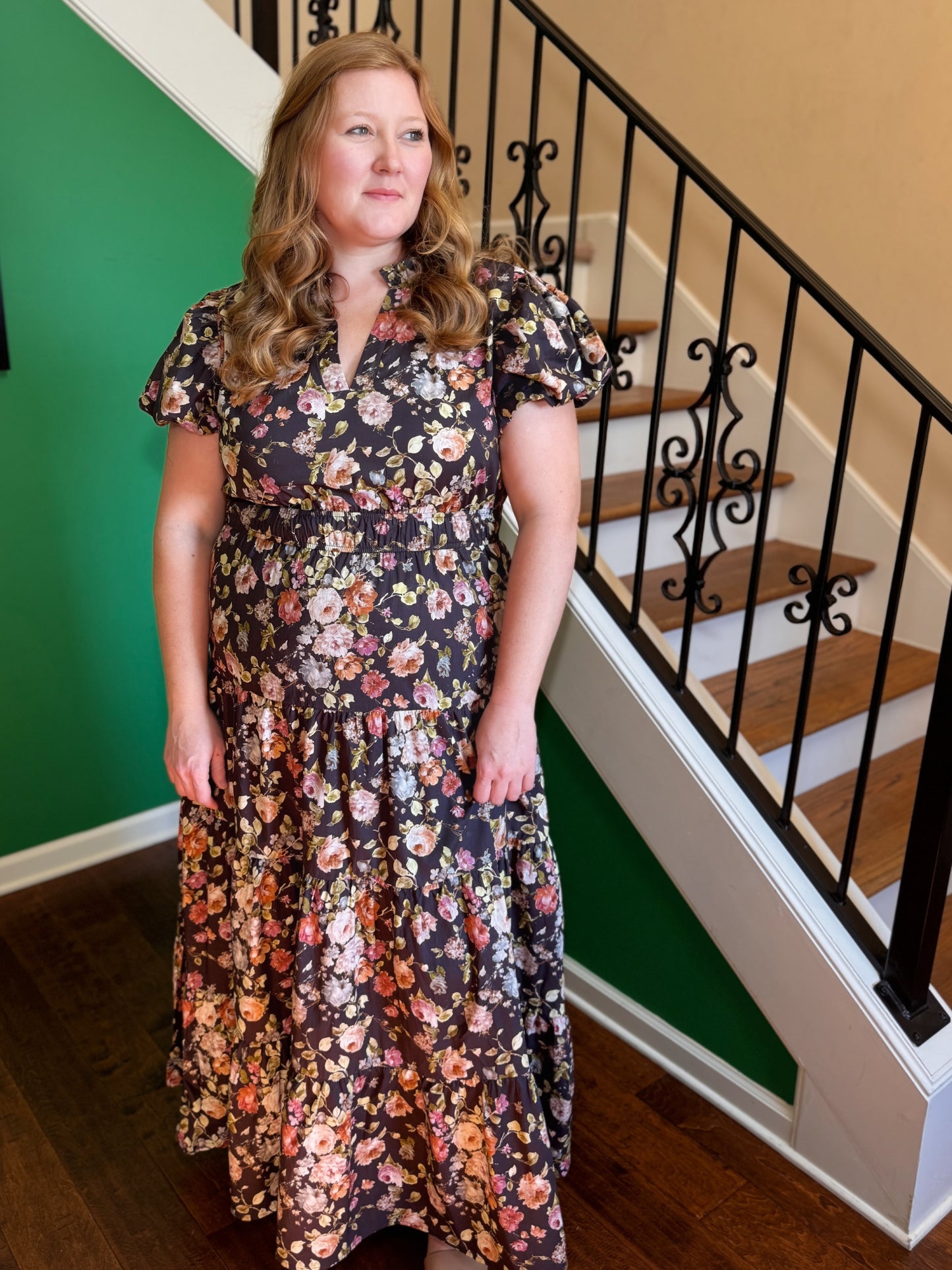 Vintage Rose Midi Dress (Black)