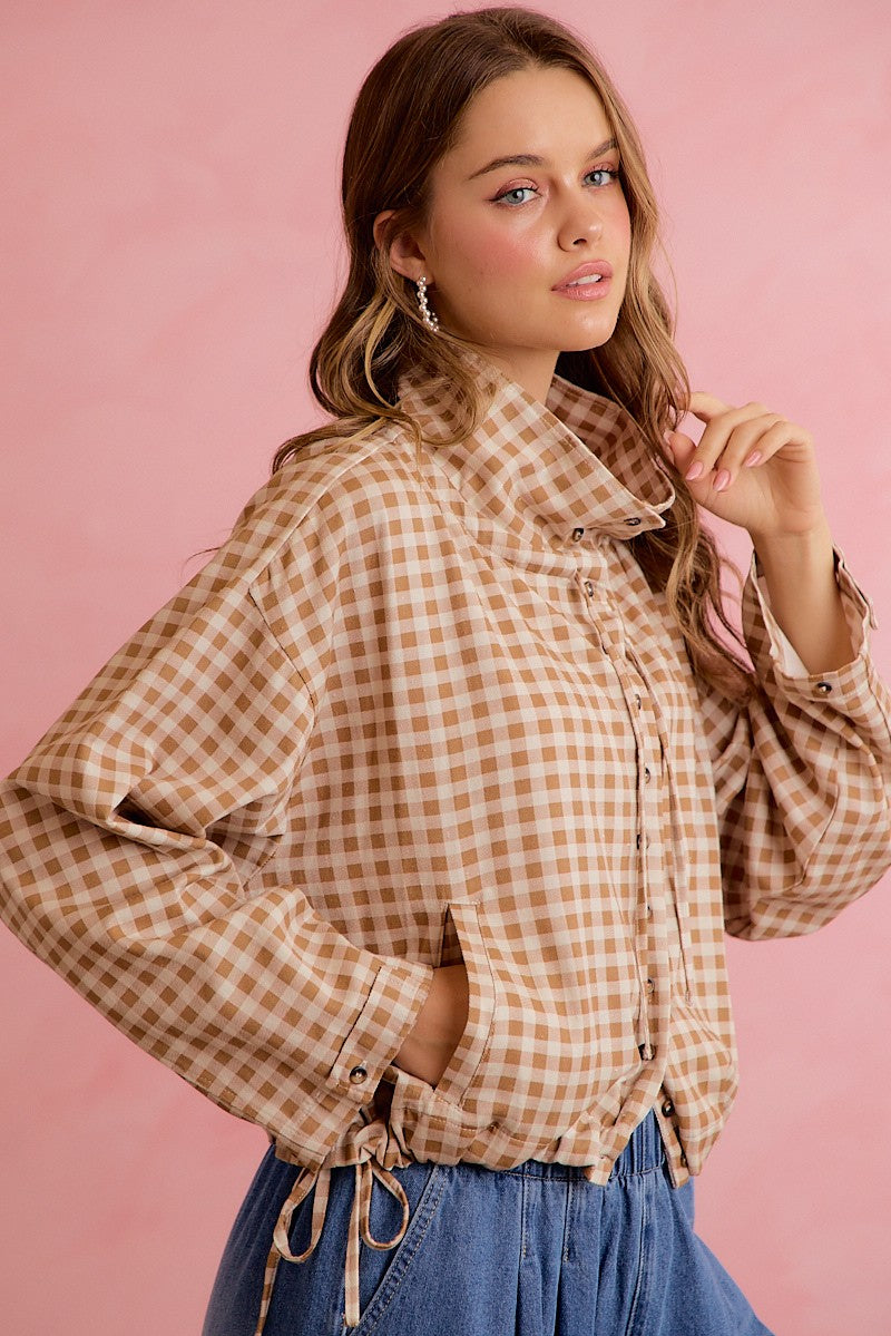 Mocha Gingham Button Up Windbreaker