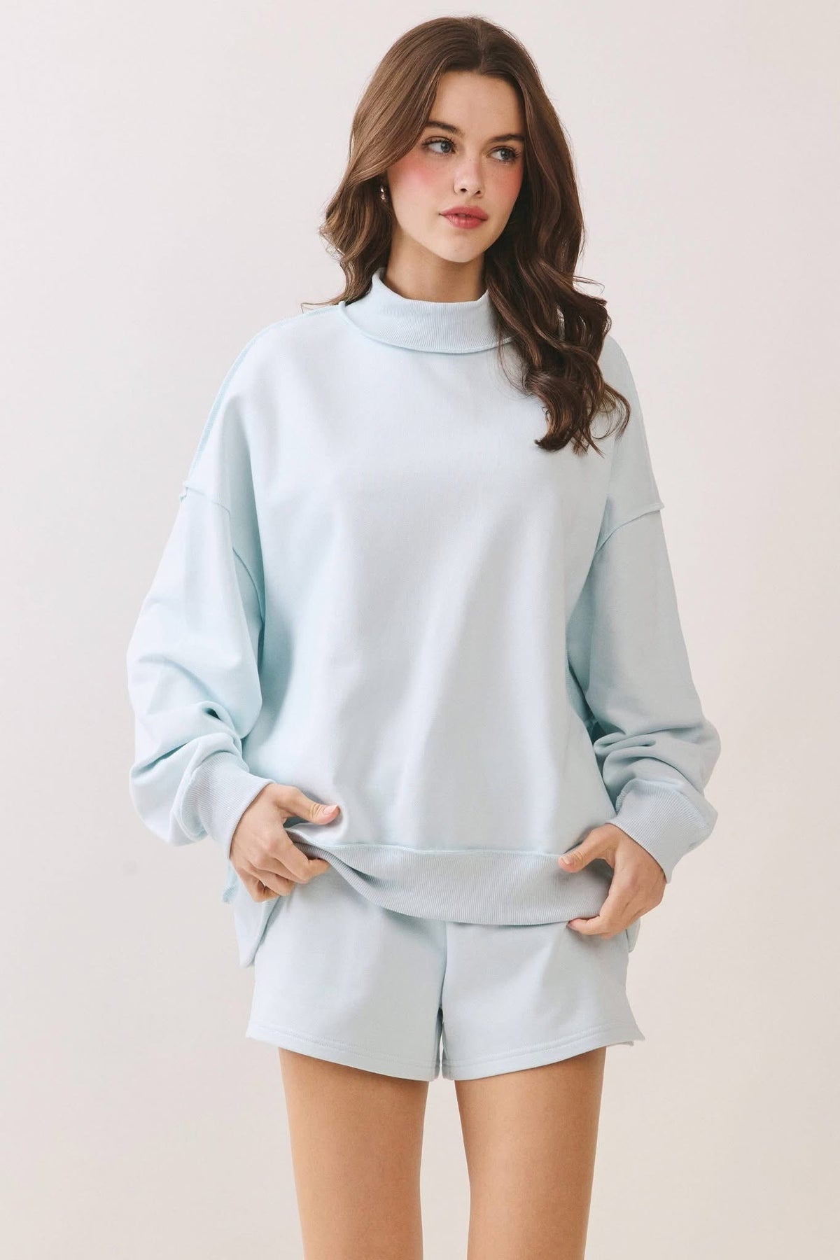 Drop Shoulder Mock Neck Pullover (Sky Blue)