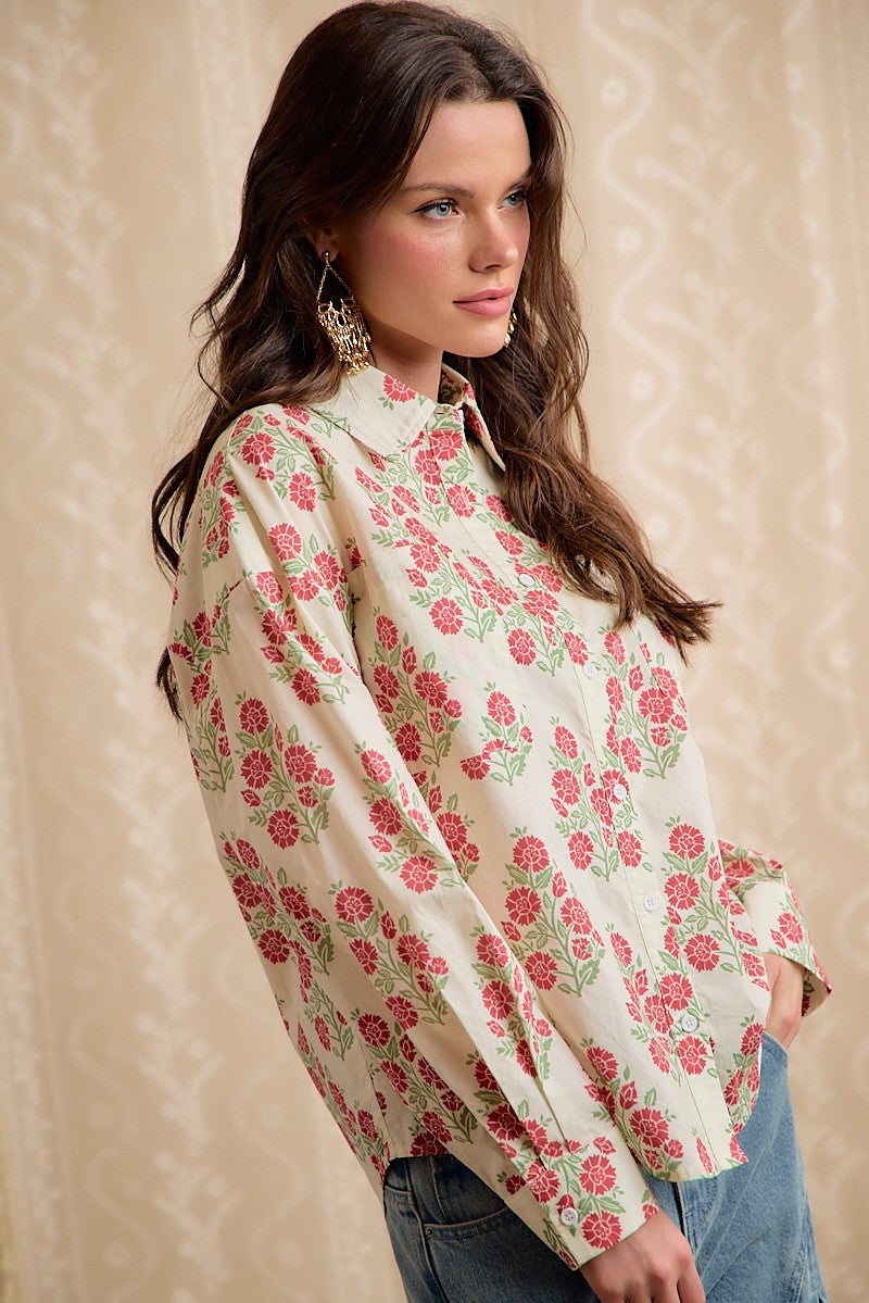 Poppie Floral Button Down Blouse (Cream)