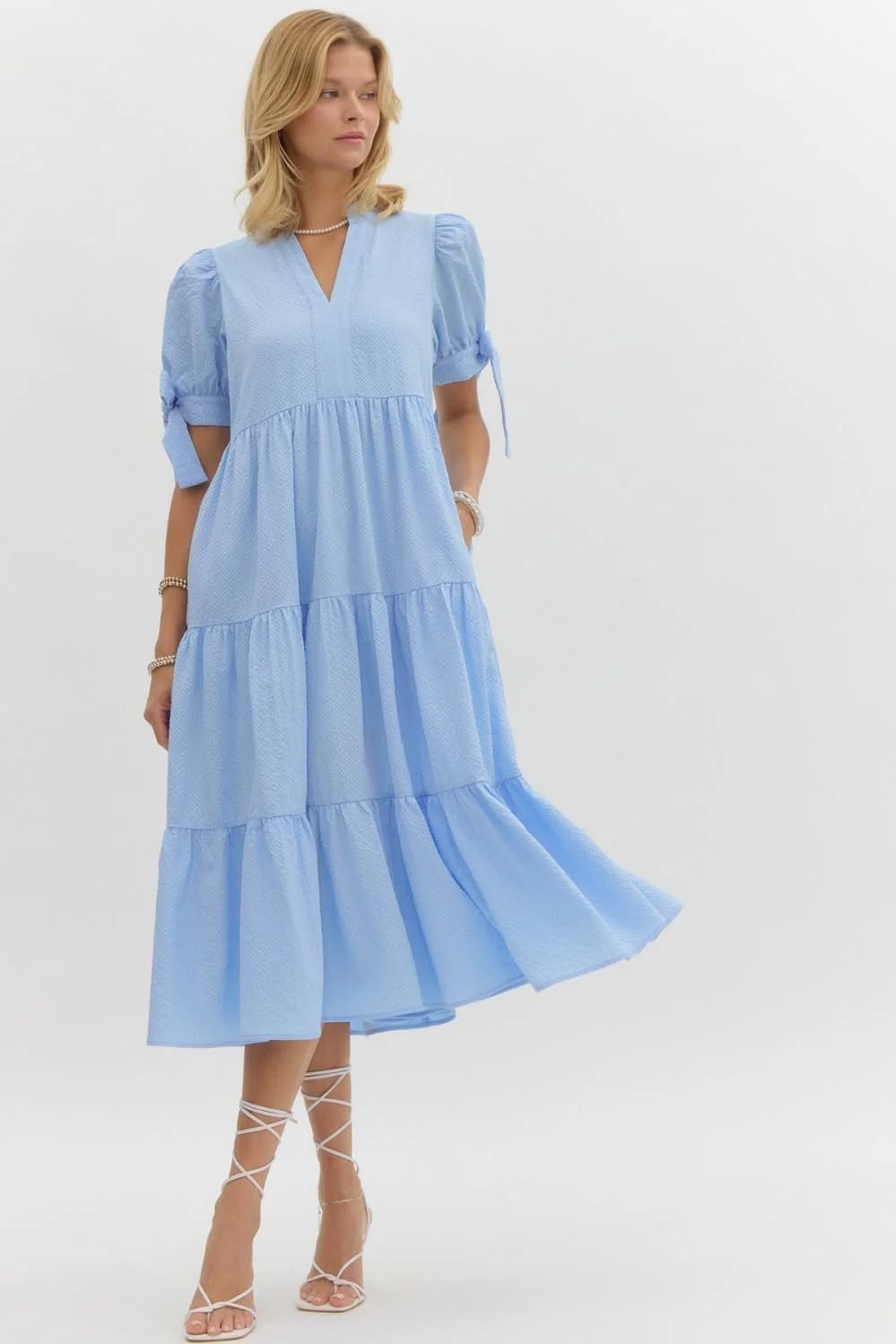 Textured Puff Sleeve Midi Dress (Blue)