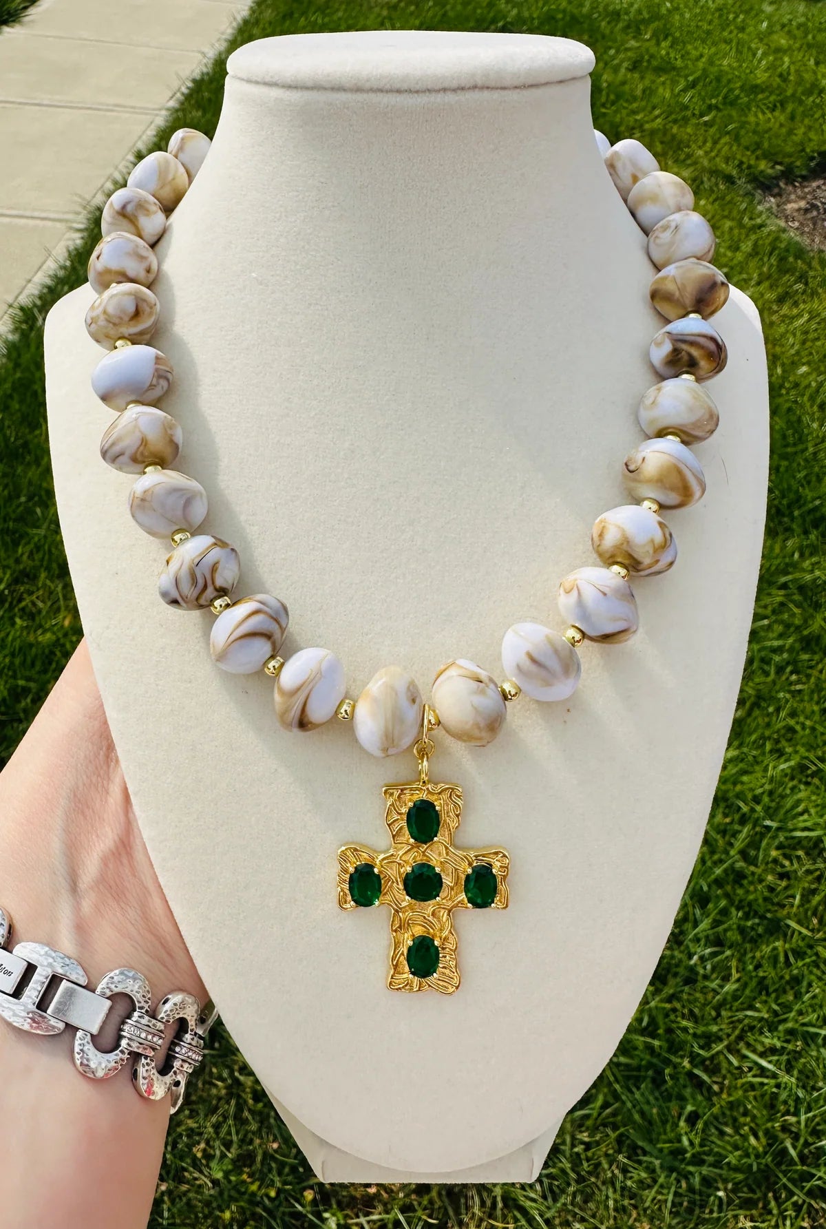Emerald Grace Beaded Cross Necklace