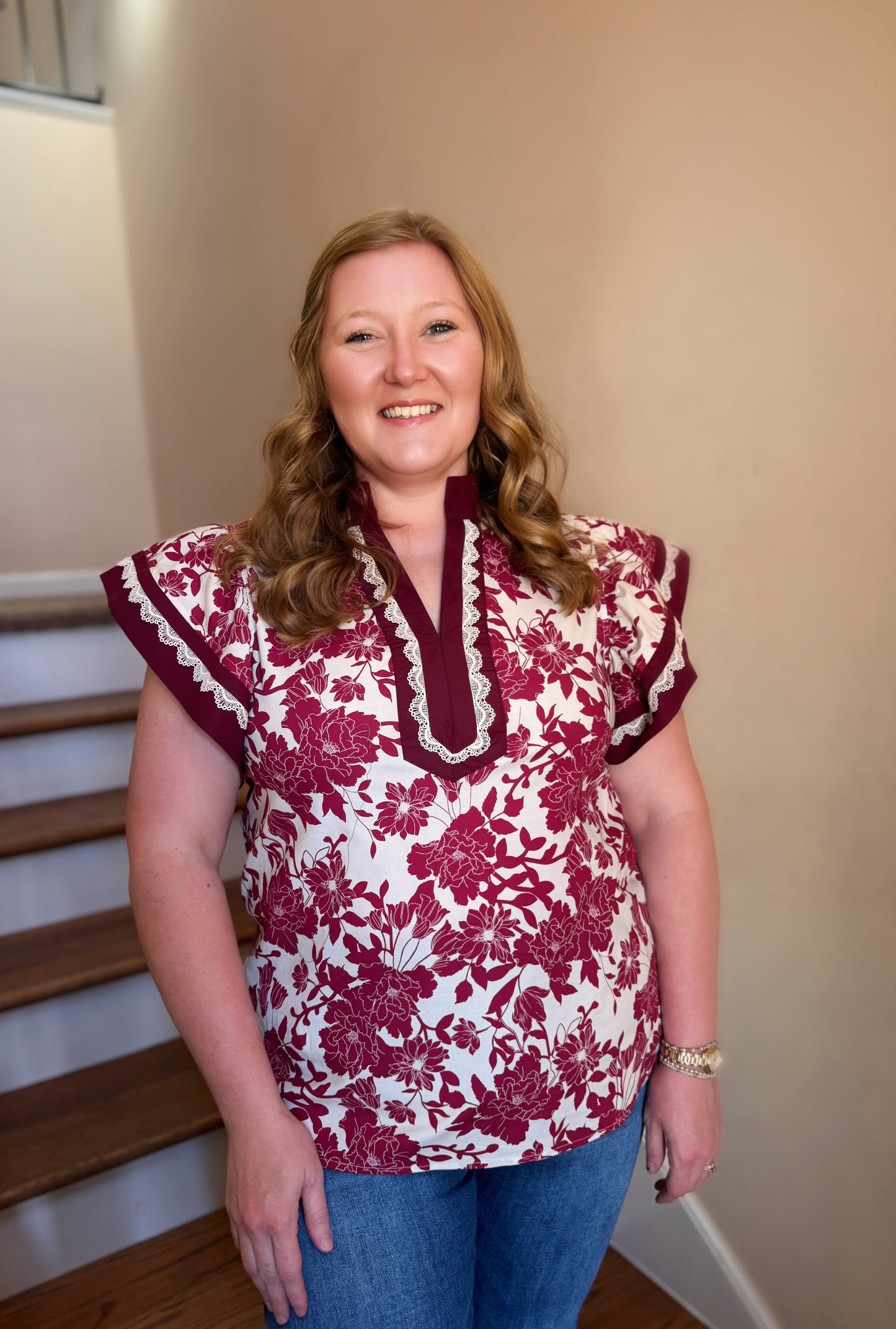 Floral Flutter Sleeve Top (Maroon)