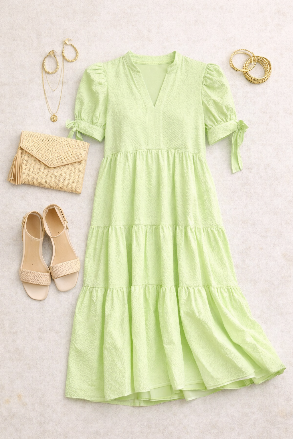 Textured Puff Sleeve Midi Dress (Green)