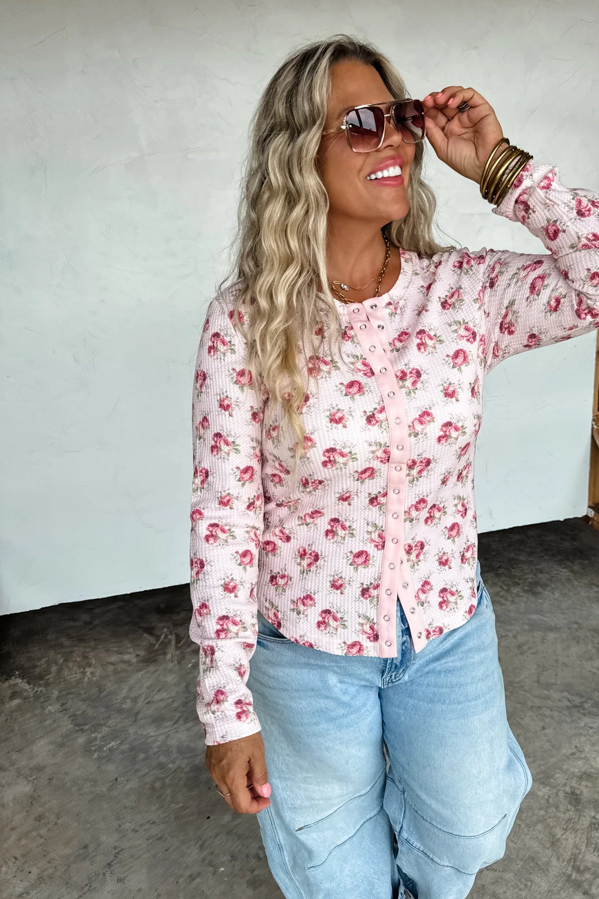 Kori Snap Button Waffle Top (Pink Floral)