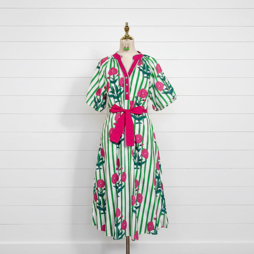 Mandie Floral + Stripe Dress (Green)