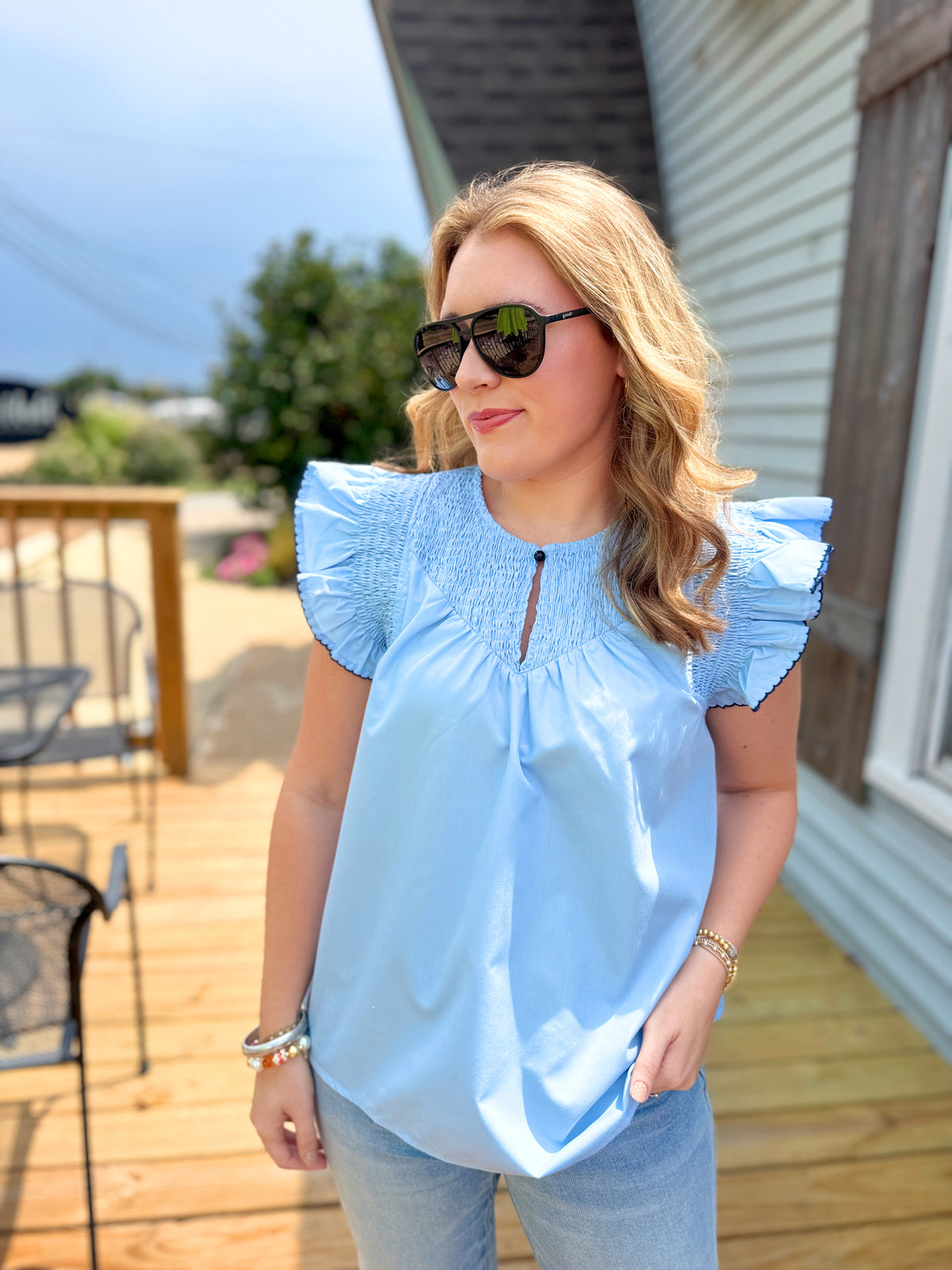 Luna Ruffle Sleeve Top (Chambray)