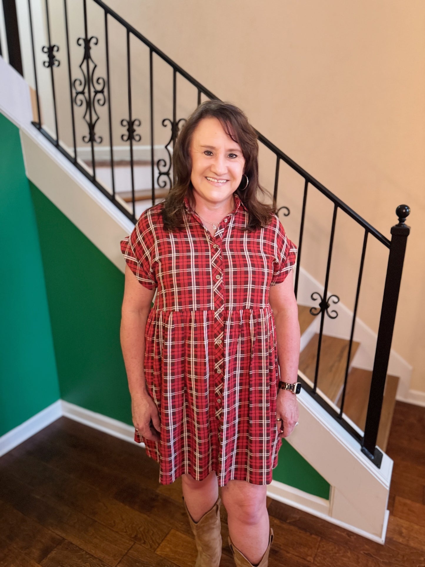 Country Christmas Plaid Dress (Red)