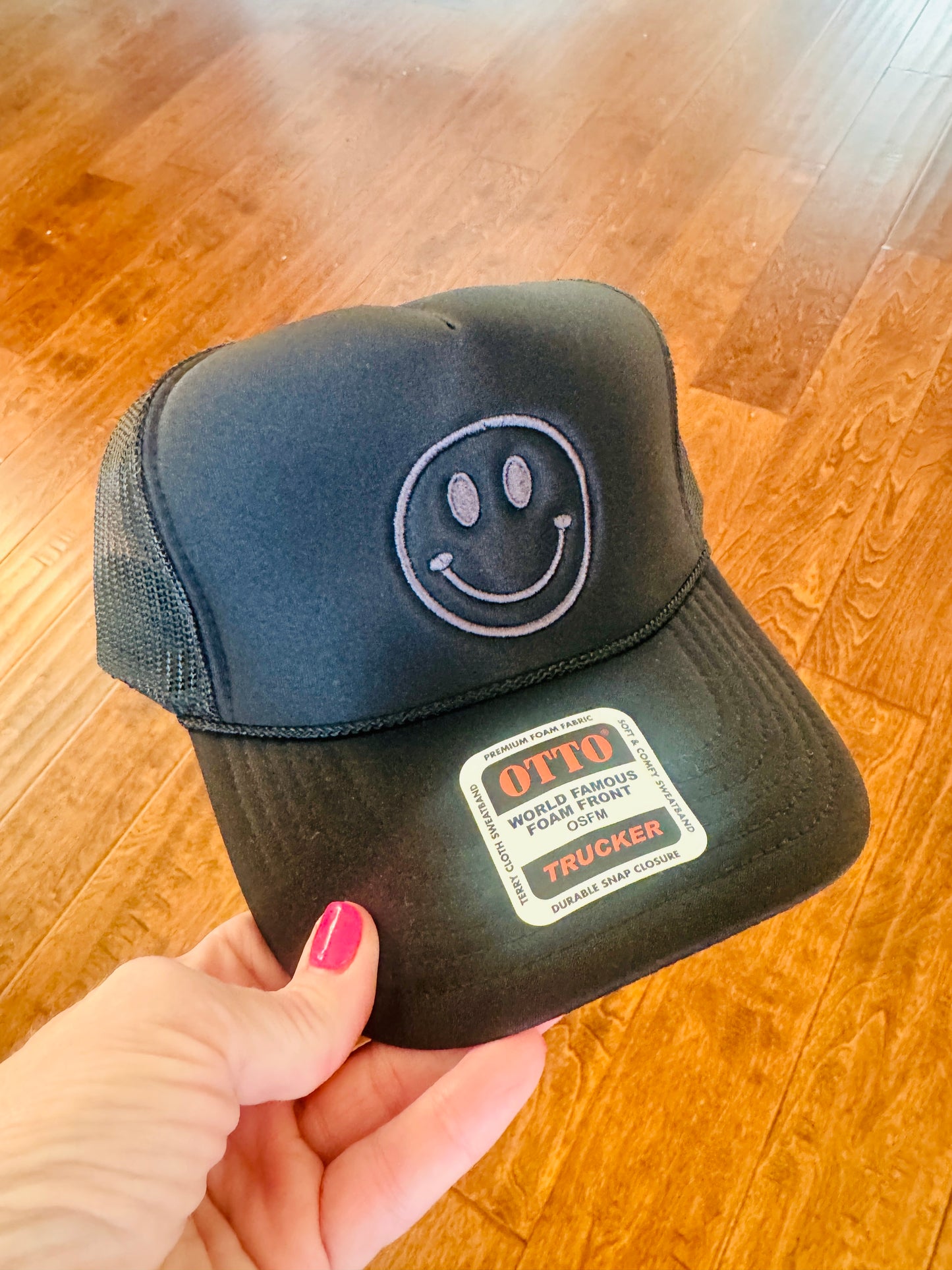 Smile Embroidered Trucker Hat ( Black)