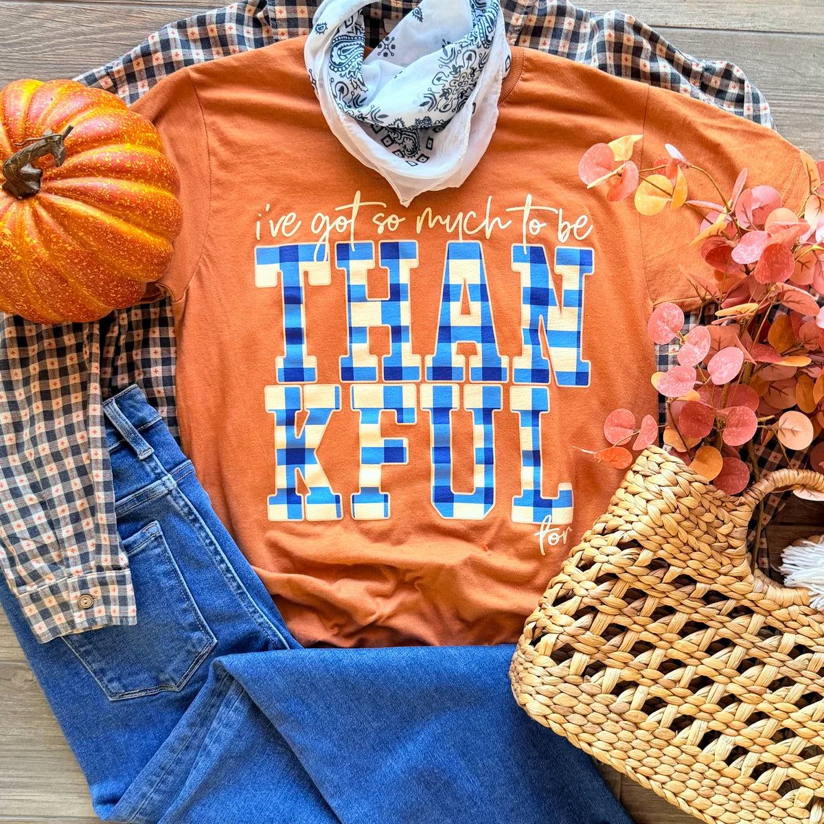 Thankful Plaid Graphic Tee (Orange)
