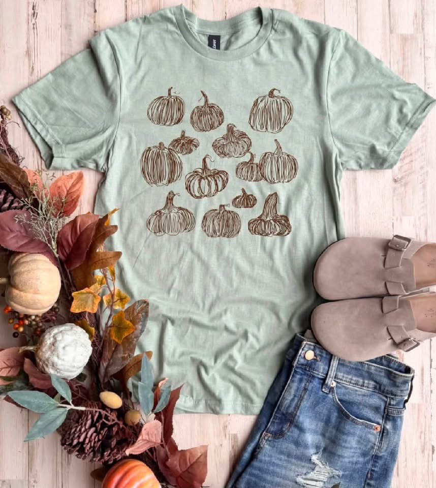 Hand-drawn Pumpkin Graphic Tee (Sage)