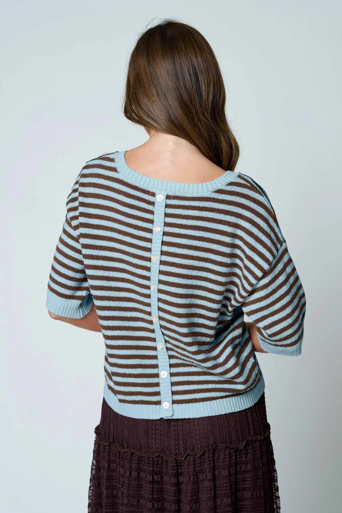 Stripe Contrast Button Back Sweater (Blue)