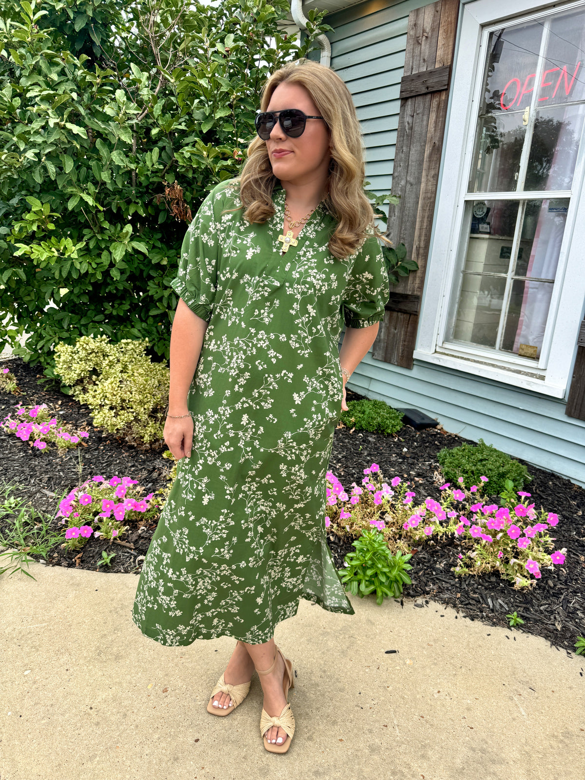 Catie Floral Midi Dress (Olive Green)