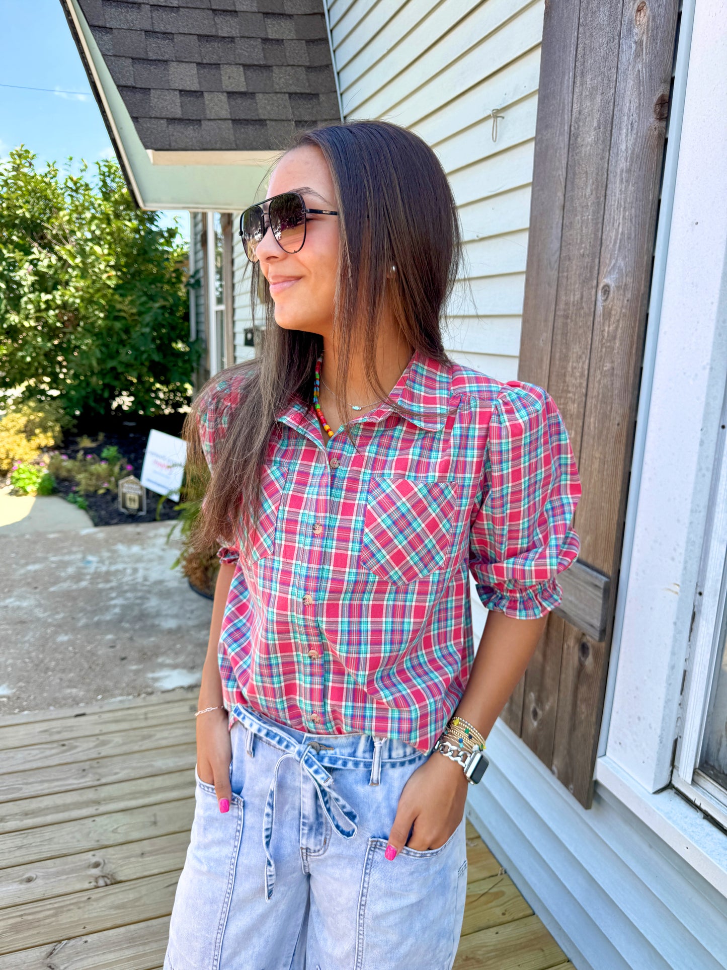 Festive Fun Plaid Blouse (Red)