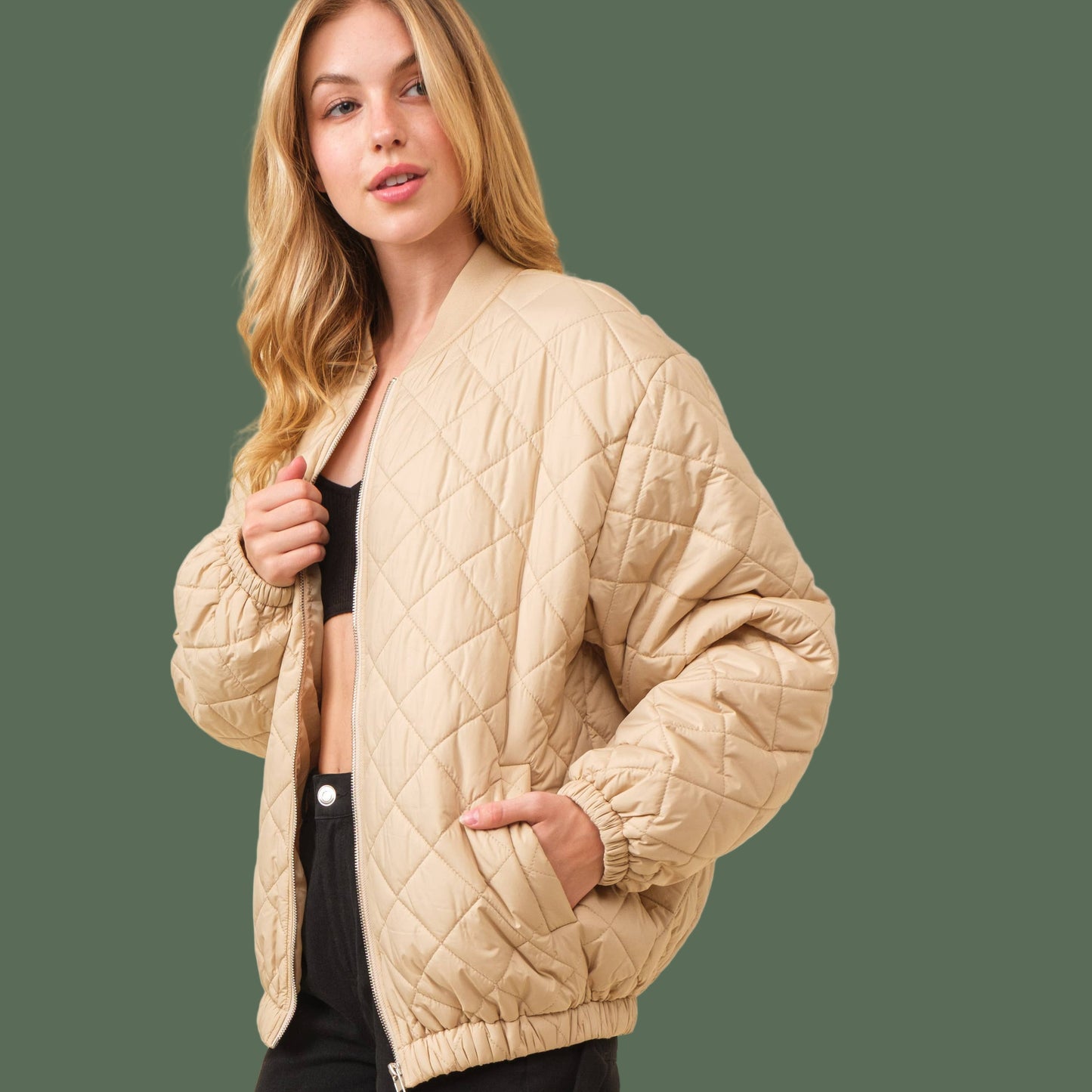 Quilted Bomber Jacket (Khaki)