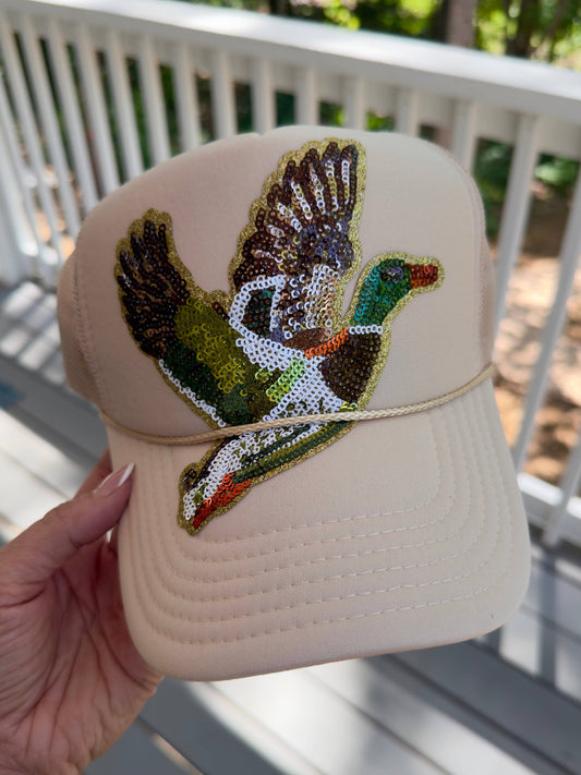 Backwoods Bougie Sequin Mallard Hat (Natural)with pearl chain