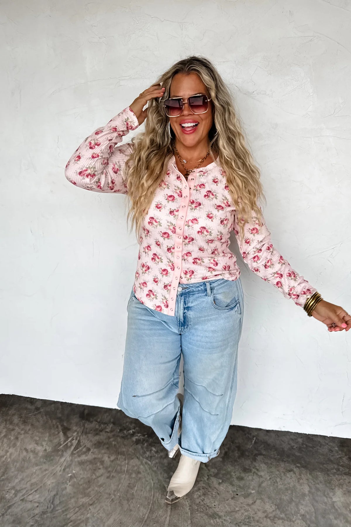 Kori Snap Button Waffle Top  (Pink Floral)