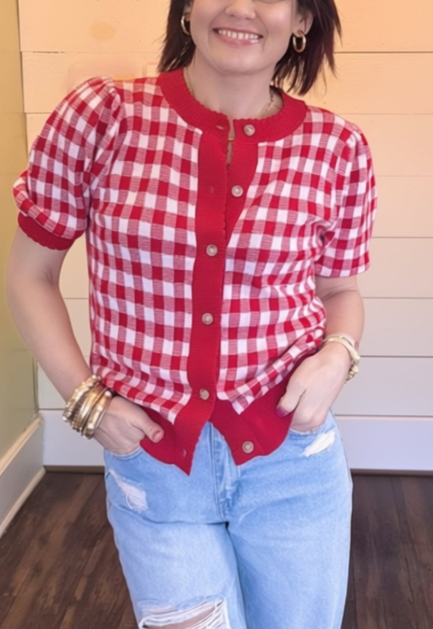 Sweet Sentiments Gingham Cardi (Red)