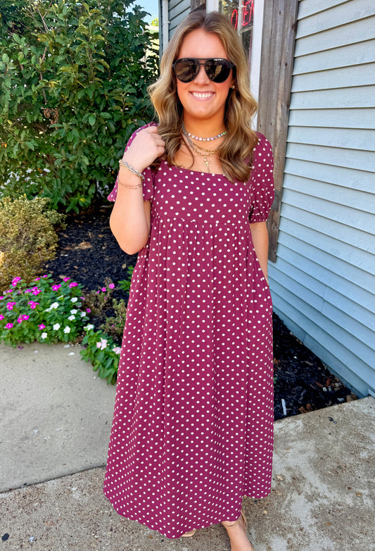 Autumn Romance Polka Dot Dress (Maroon)