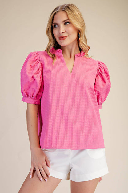 Ruffle Neck Puff Sleeve (Pink)