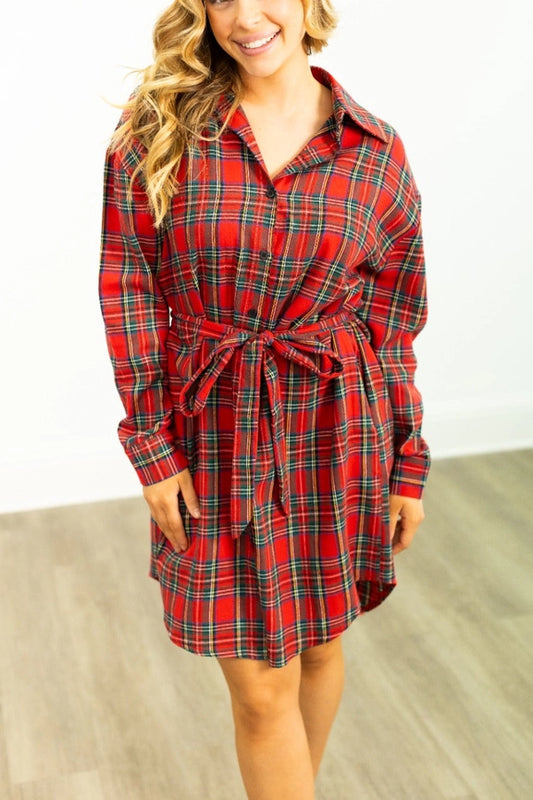Gracie Plaid Shirt Dress (Red)