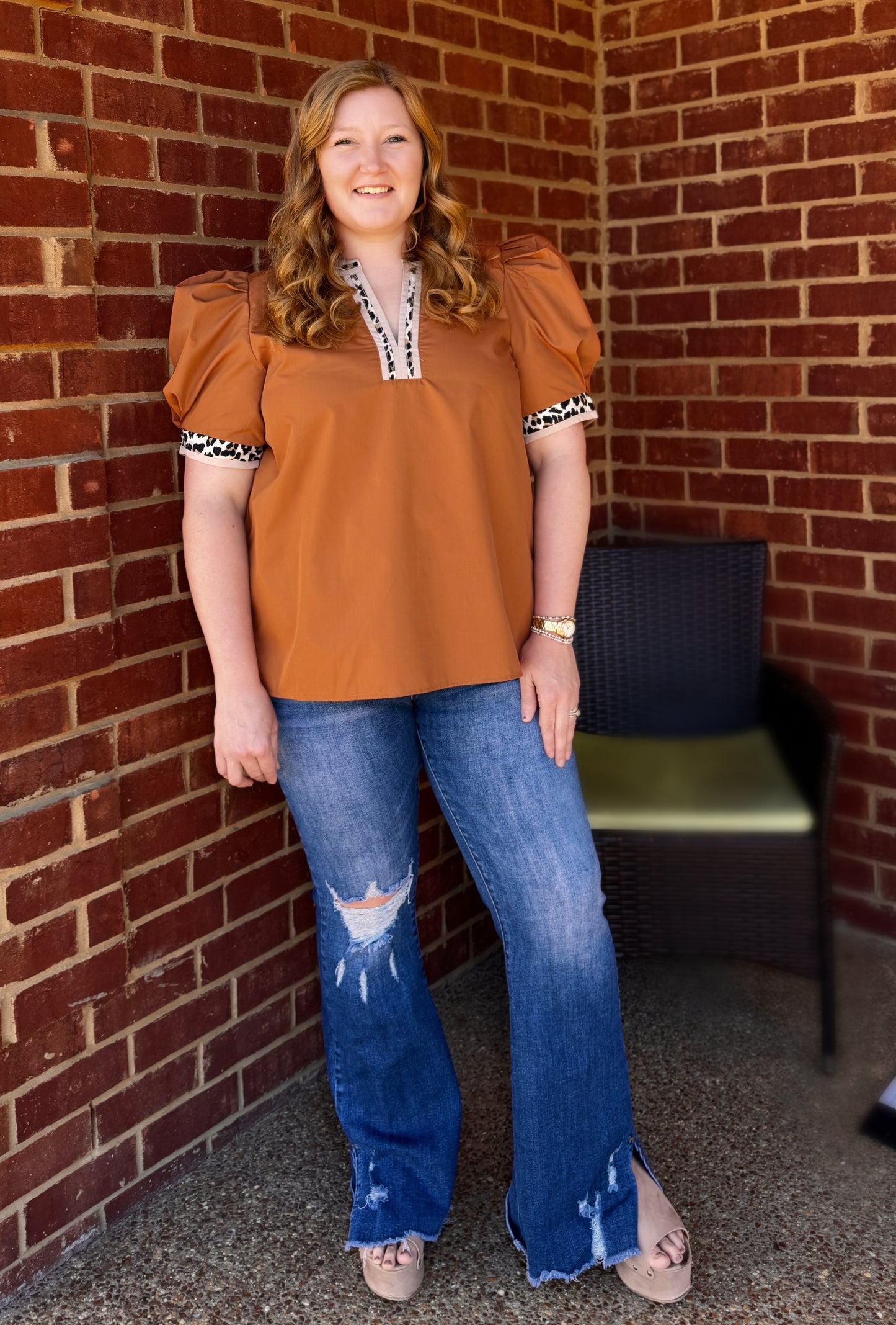 Leo Contrast Collar Top (Caramel)