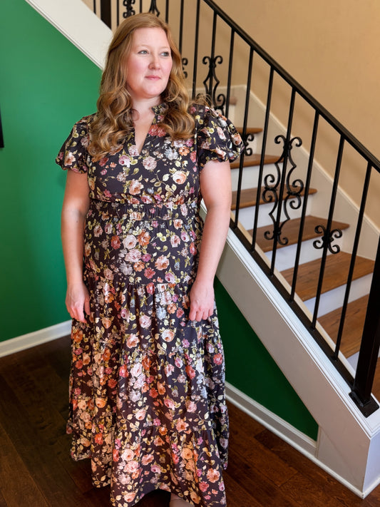 Vintage Rose Midi Dress (Black)