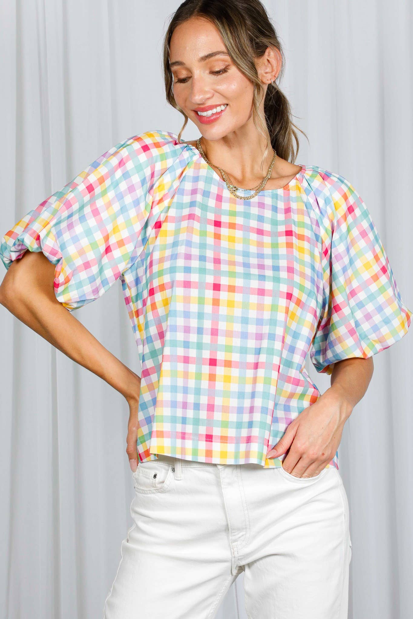 Madras Plaid Boatneck Blouse