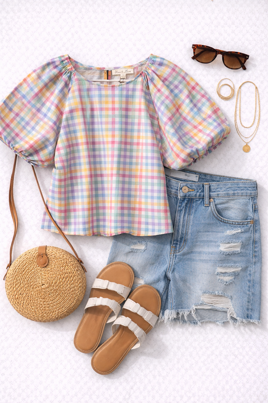 Madras Plaid Boatneck Blouse