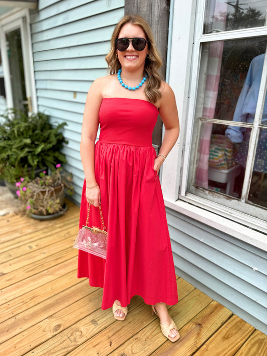 Mindi Strapless Midi Dress (Red)