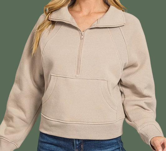 Fleece Half Zip Pocket Pullover (Mocha)