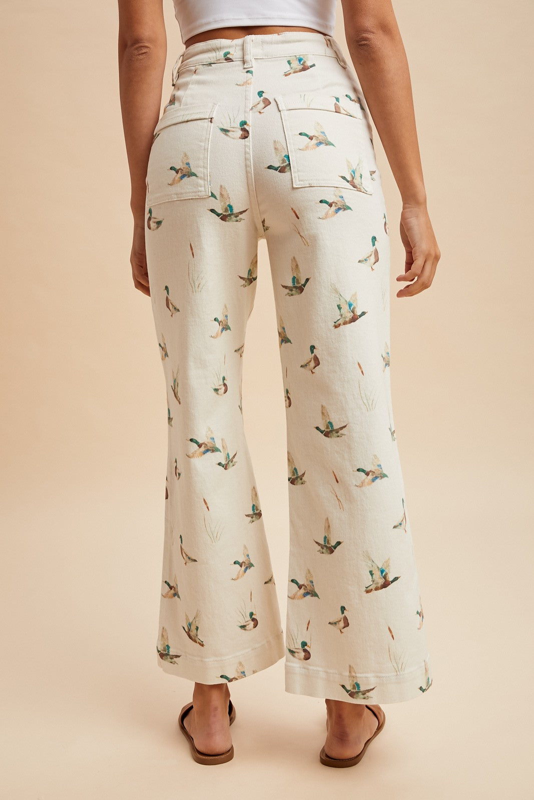 Mallard Print Stretch Denim Wide Leg Jean (Cream)