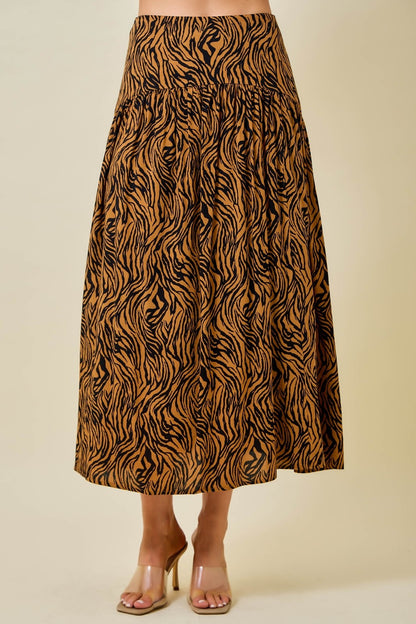 Flared Tiger Print Maxi Skirt (Brown)