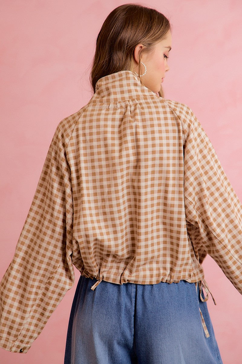 Mocha Gingham Button Up Windbreaker