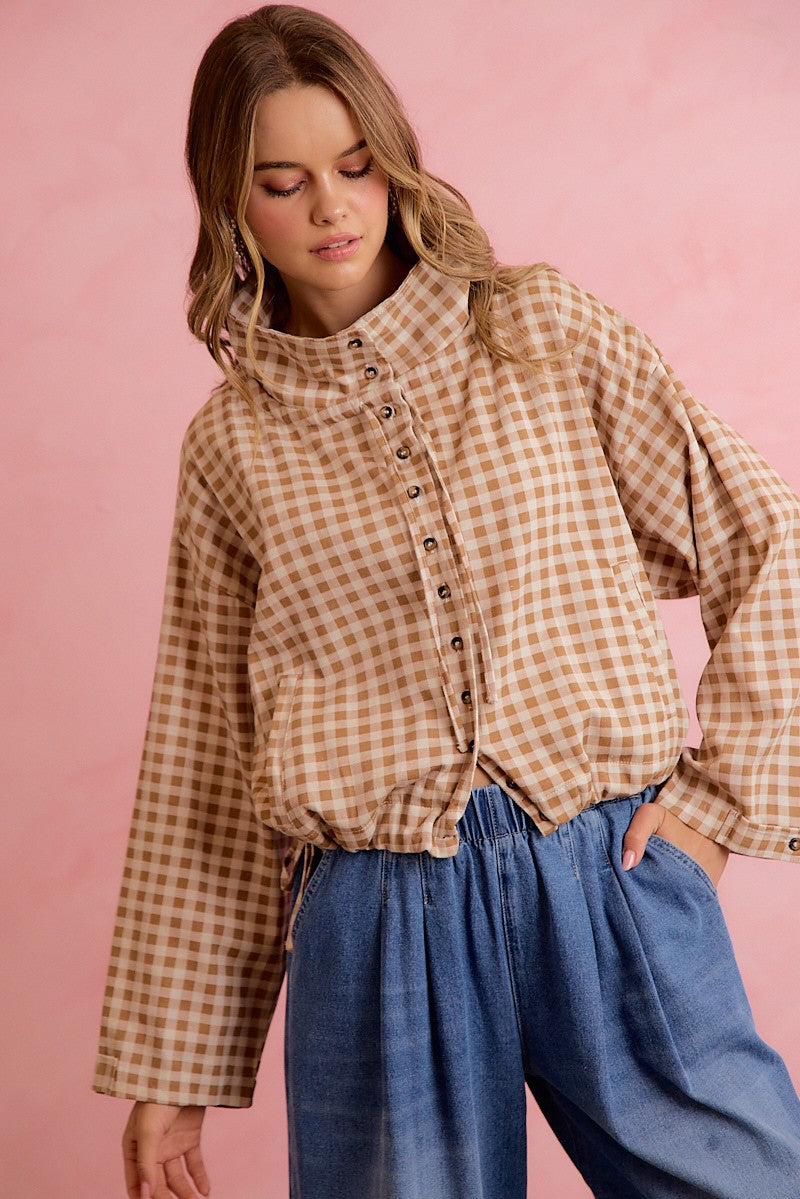 Mocha Gingham Button Up Windbreaker
