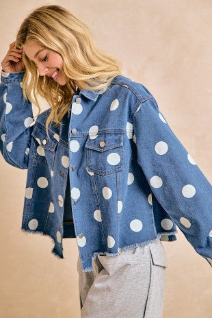 Polka Dot Frayed Hem Denim Jacket