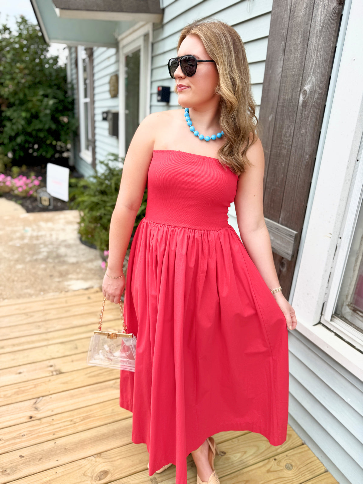 Mindi Strapless Midi Dress (Red)