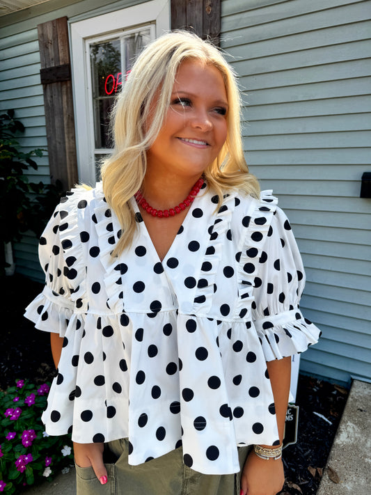 Worn To Ruffle Sleeve Polka Dot Top (White)