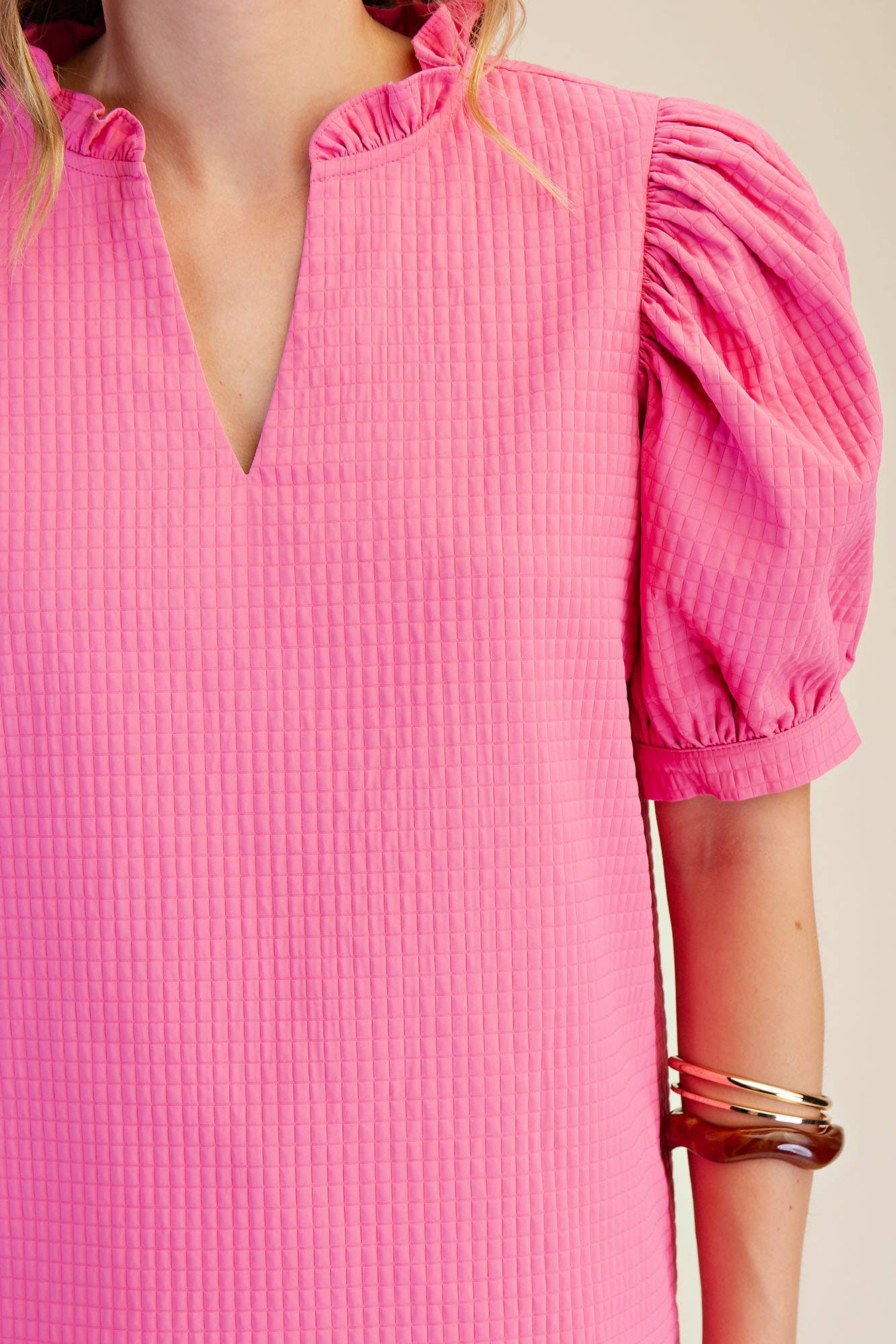 Ruffle Neck Puff Sleeve (Pink)
