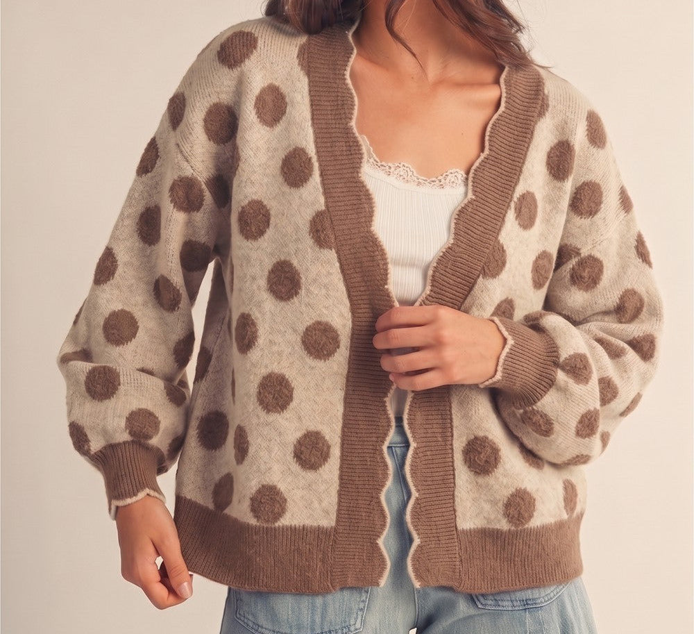 Vintage Polka Dot Scallop Trim Cardigan (Mocha)