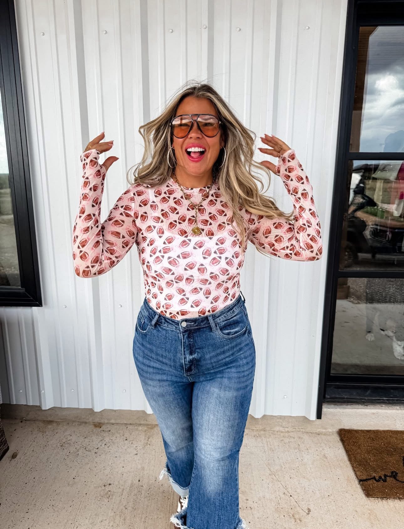 Bows + Footballs Mesh Top