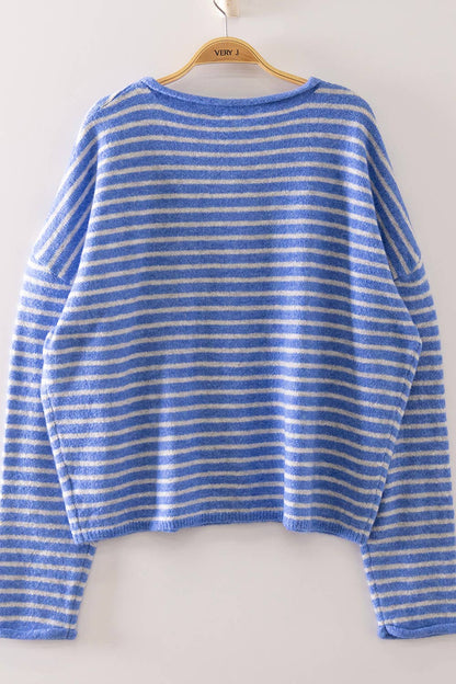 Hi There Striped Button Down Sweater (Blue)