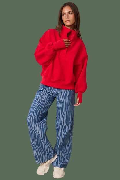 Sadie Half Button-Up Pullover (Red)