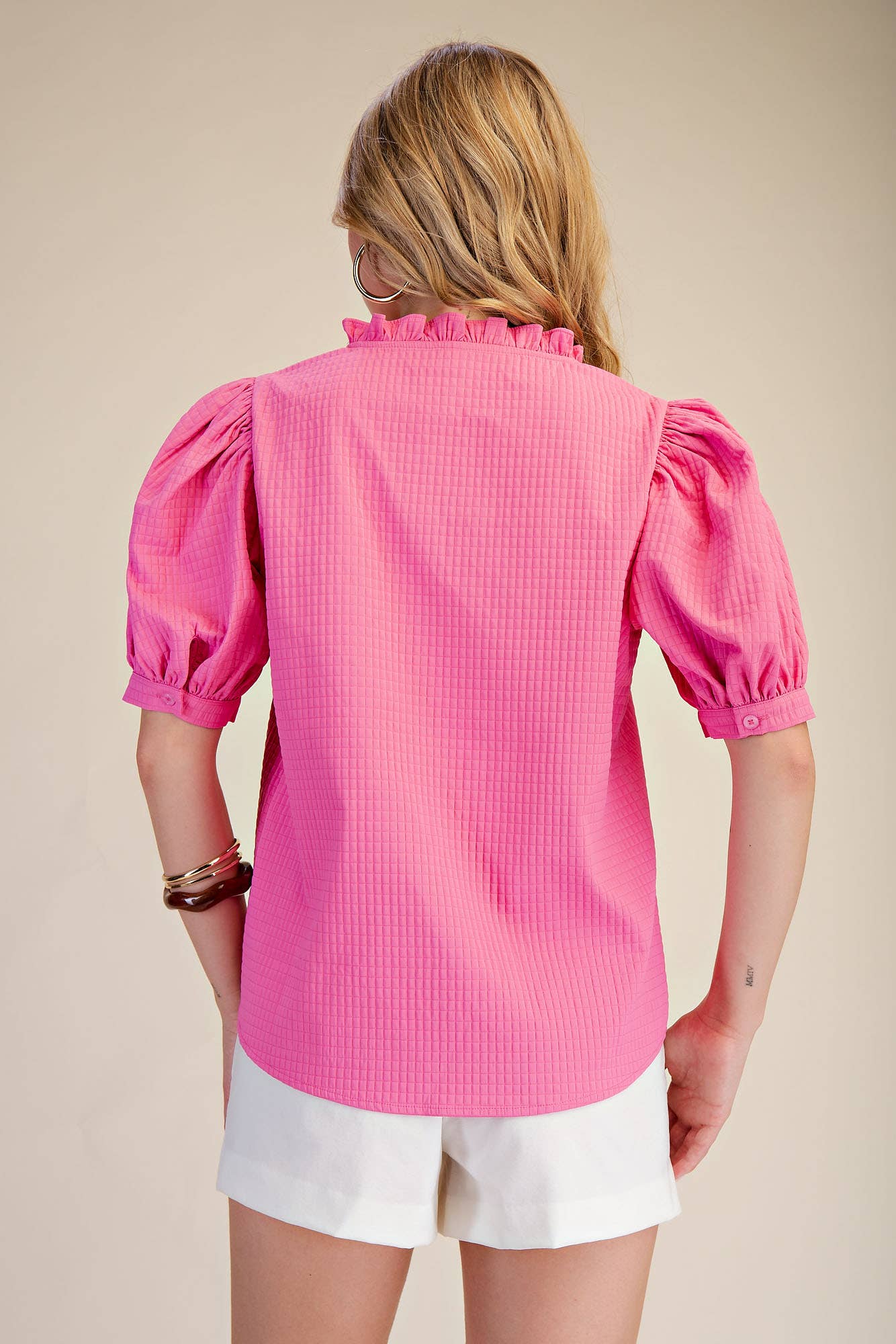 Ruffle Neck Puff Sleeve (Pink)