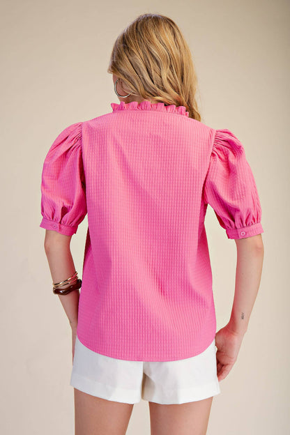 Ruffle Neck Puff Sleeve (Pink)