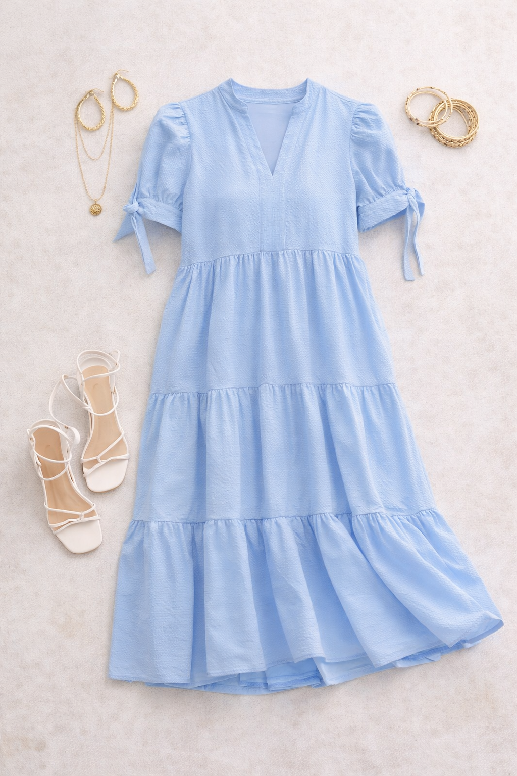 Textured Puff Sleeve Midi Dress (Blue)