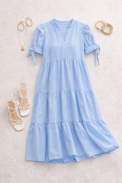 Textured Puff Sleeve Midi Dress (Blue)