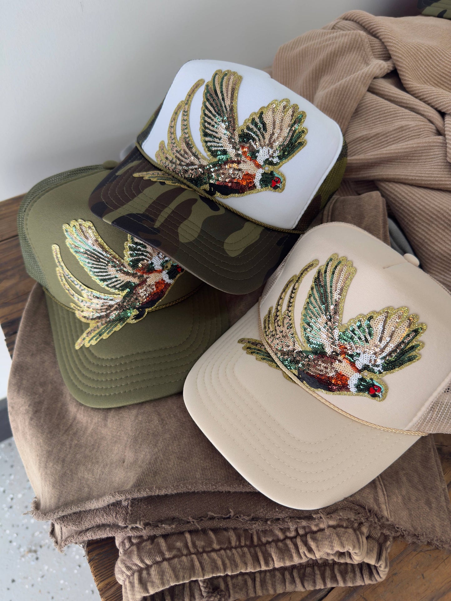 Fly Girl Sequin Pheasant Trucker (Olive)
