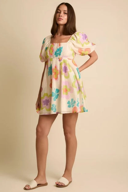 Floral Puff Sleeve Babydoll Dress (Cream)