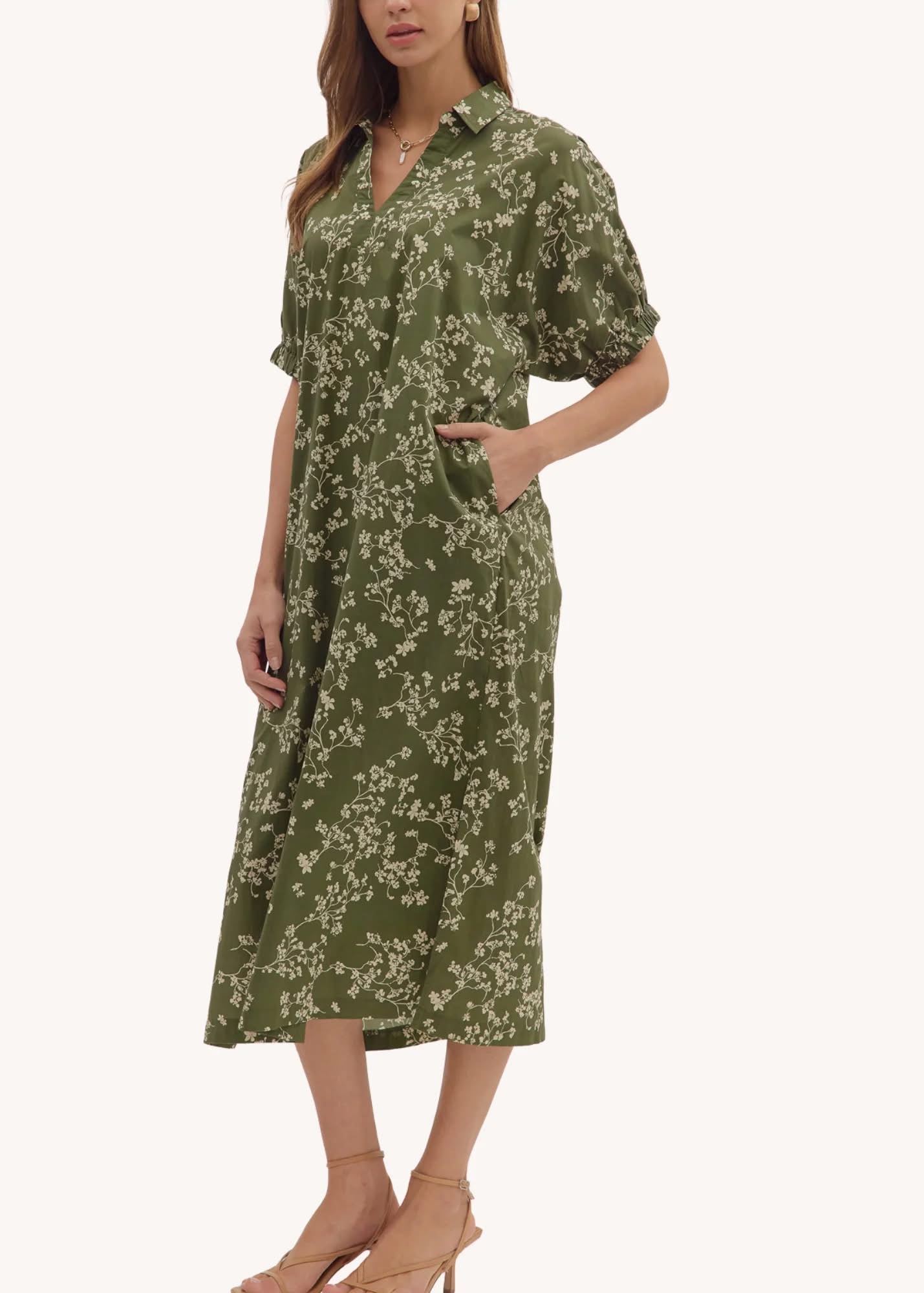Catie Floral Midi Dress (Olive Green)